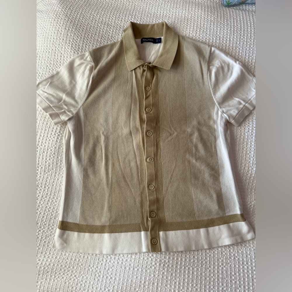 Men's Beige and White Nautica Short Sleeve Shirt
